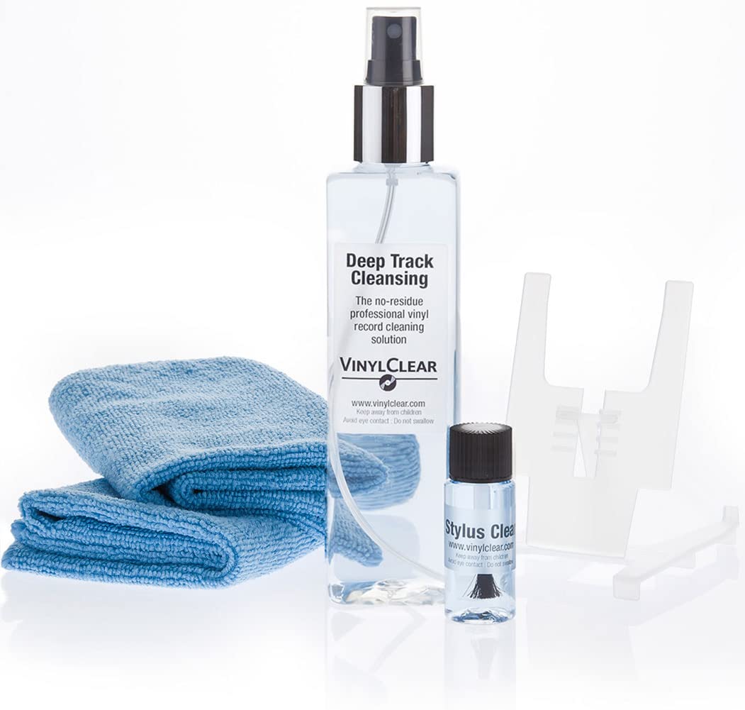 Professional LP Record Cleaner Solution : Vinyl Record Cleaning Kit (250ml), Stylus Brush, Drying Stand, plus Two Microfibre Cloths. Enjoy Click Free,