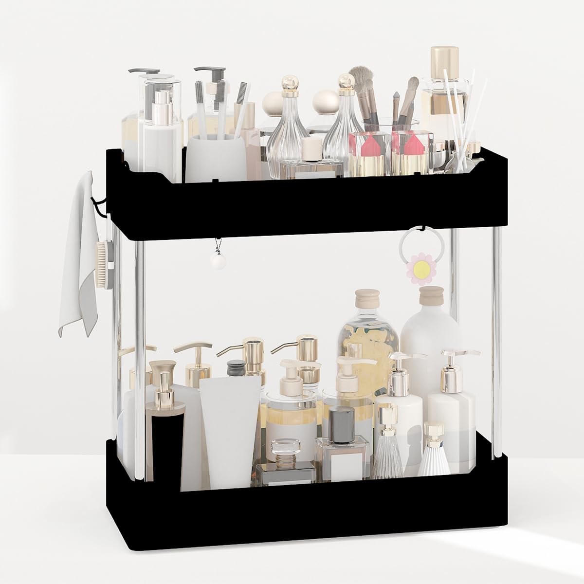 XingyLi Bathroom Organiser Countertop Storage, 2 Tier Black Vanity Tray, Detachable Cosmetic Makeup Rack Standing Shelf, Multi-functional Storage