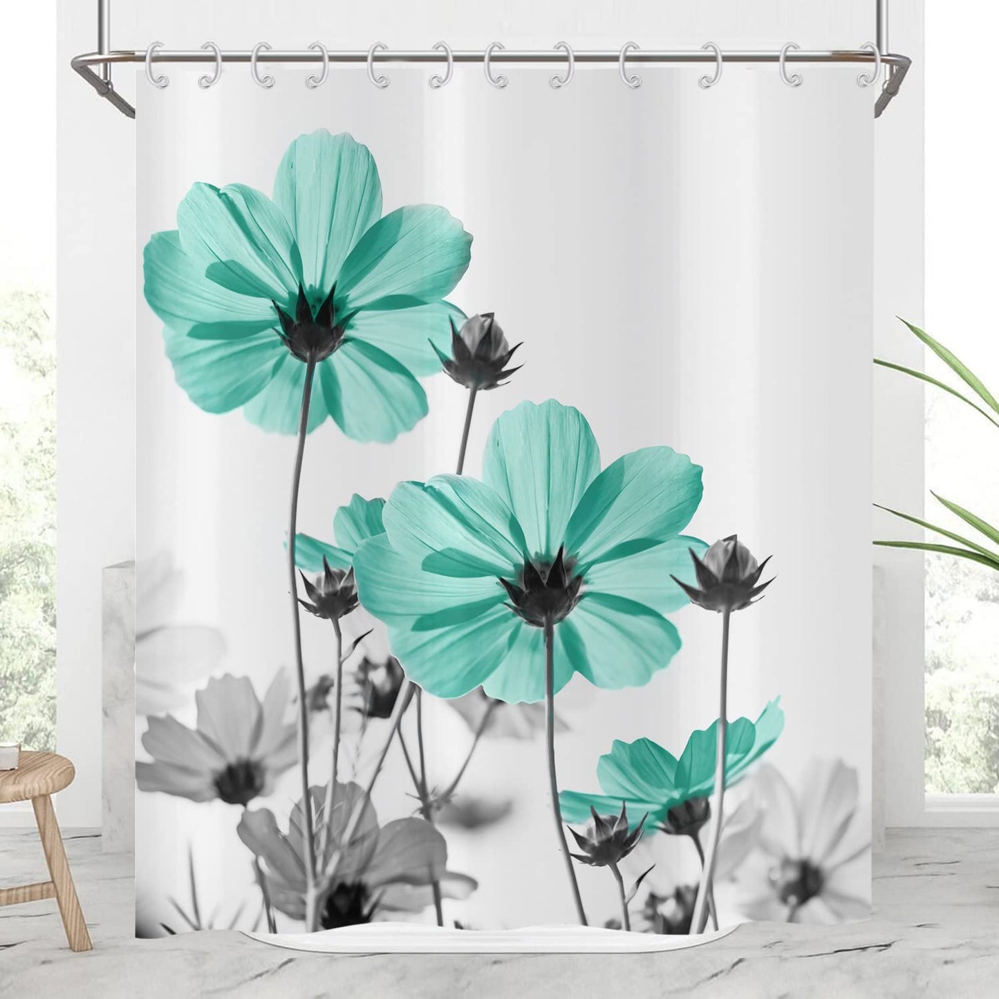 Hnmdmyi Floral Shower Curtain 180x180, Teal and Grey Daisy Flower Elegant Wildflower Design Farmhouse Bathroom Curtains with Hooks Waterproof