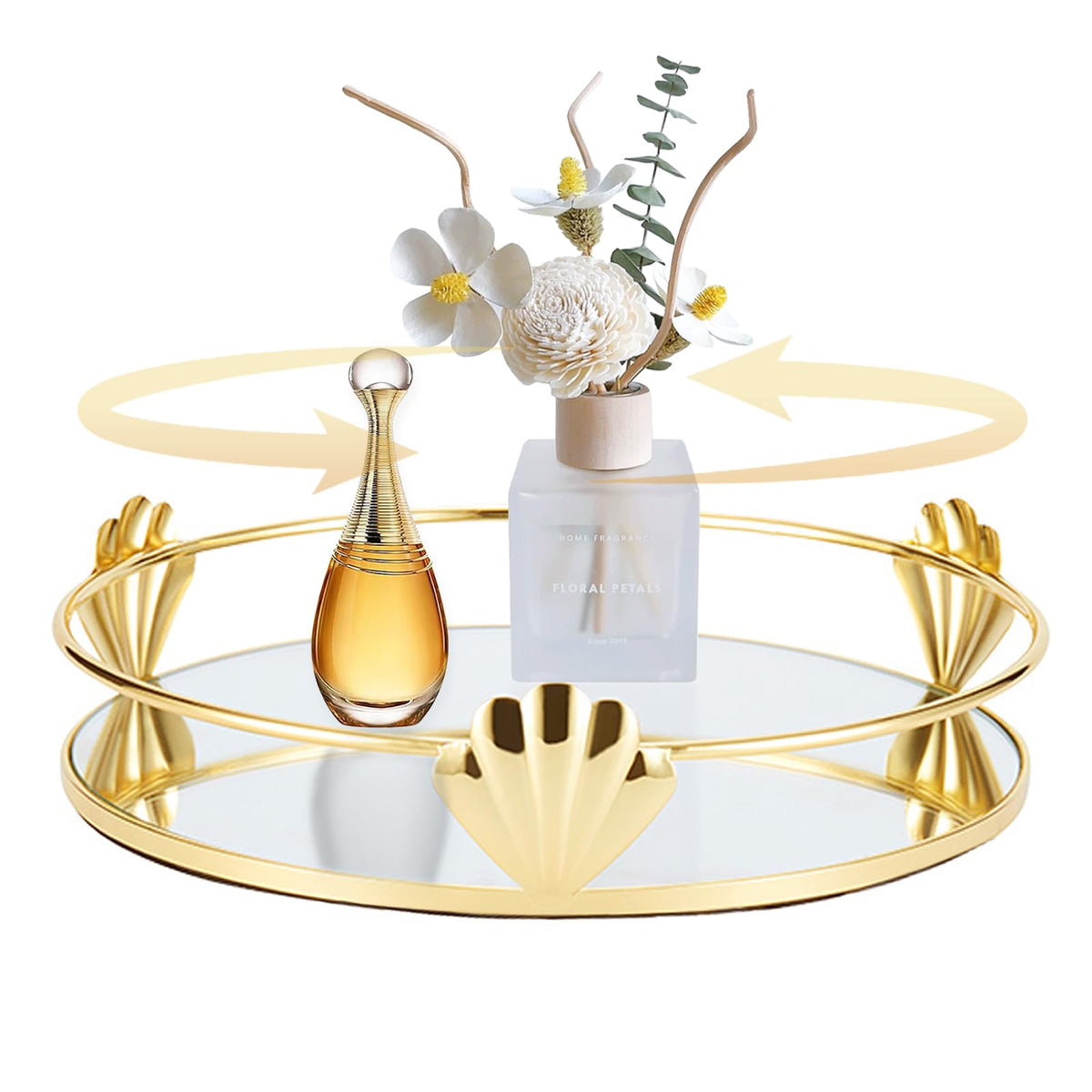 Perfume Organiser Rotating, SLHEQING Mirror Decorative Tray Gold, Round Bathroom Tray, Makeup Organiser for Vanity, Toiletries, Dresser, Bedroom