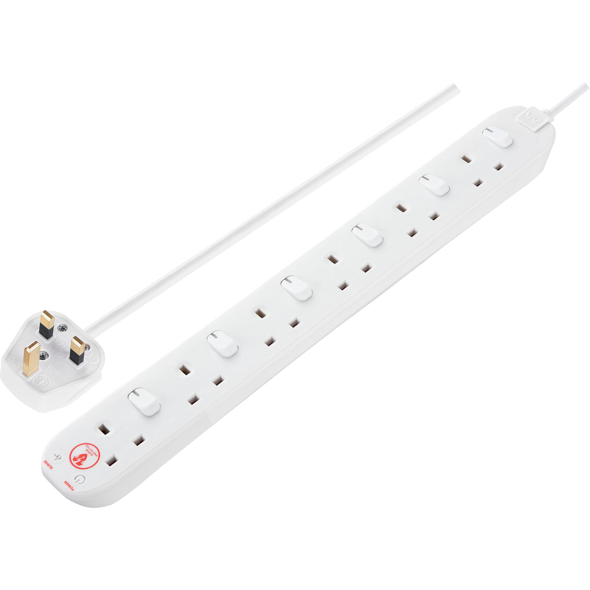 Masterplug Six Socket Extension Lead, 2 Metre Cable, Surge Protection, Individual Switches, Power and Surge LED Indicators, 6-Way Plug Extension
