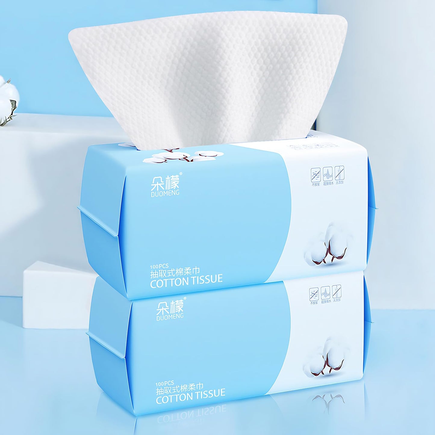 2 Pack Cotton Facial Dry Wipes 100 Count, Deeply Cleansing Disposable Face Towel Cotton Tissue, Multi-Purpose for Skin Care, Make-up Wipes, Face Wipes