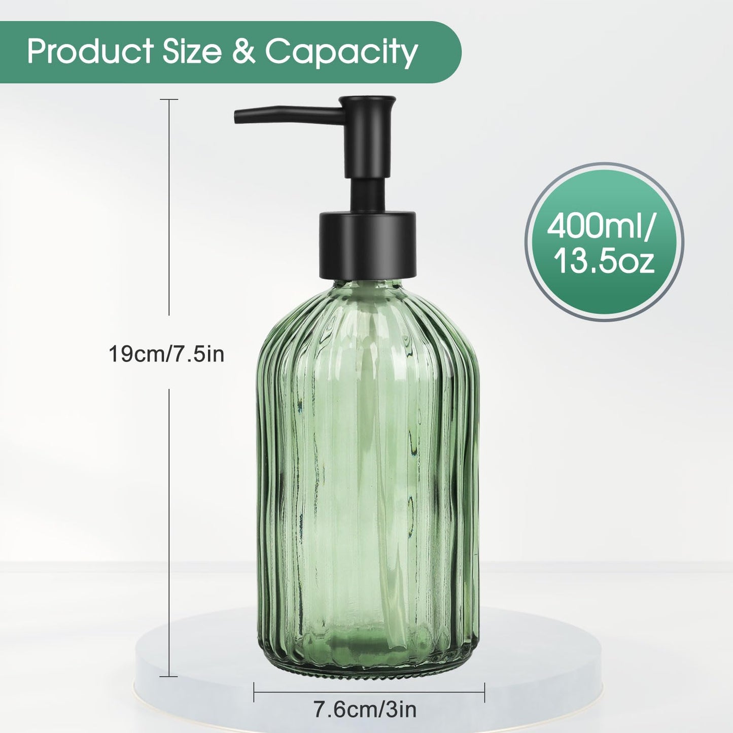 Topsky Glass Soap Dispenser with Black Plastic Pump, 400ml Army Green
