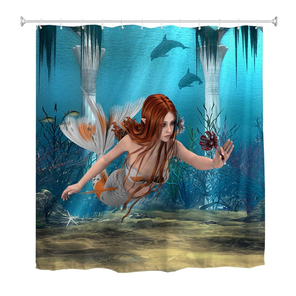goodbath Mermaid Shower Curtain, Underwater Ocean Sea World Bathroom Shower Curtains with Hooks Waterproof Bath Curtain, 180 x 200 cm