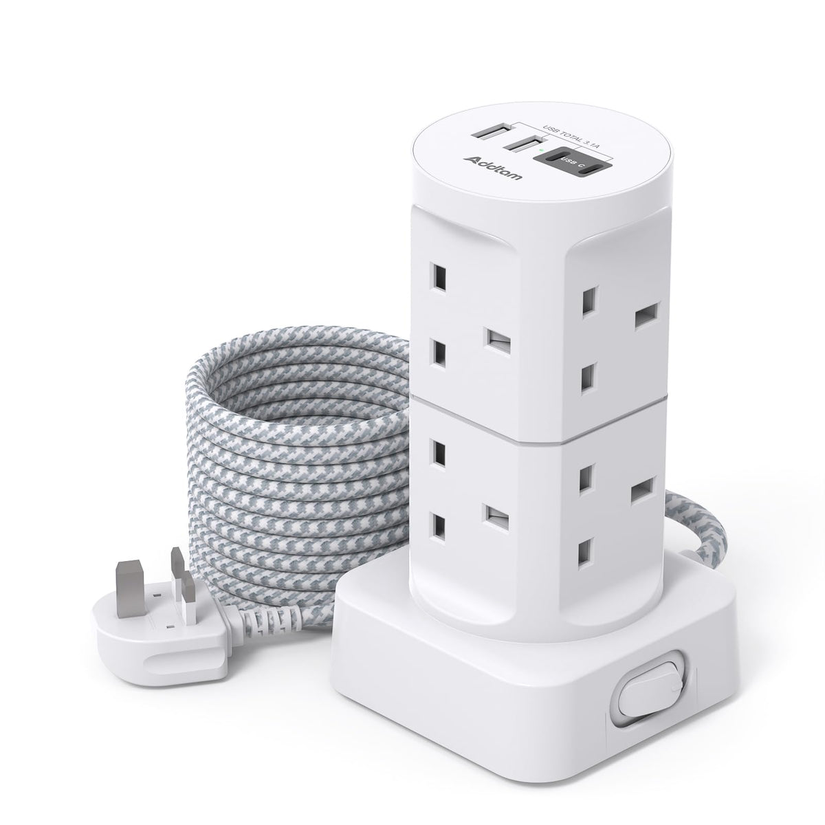 Tower Extension Lead with USB Slots, (13A 3250W), 8 Way Multi Plug Extension Tower & 4 USB Ports (2 Type C & 2 USB A Ports), 1.8M Extension Cable,