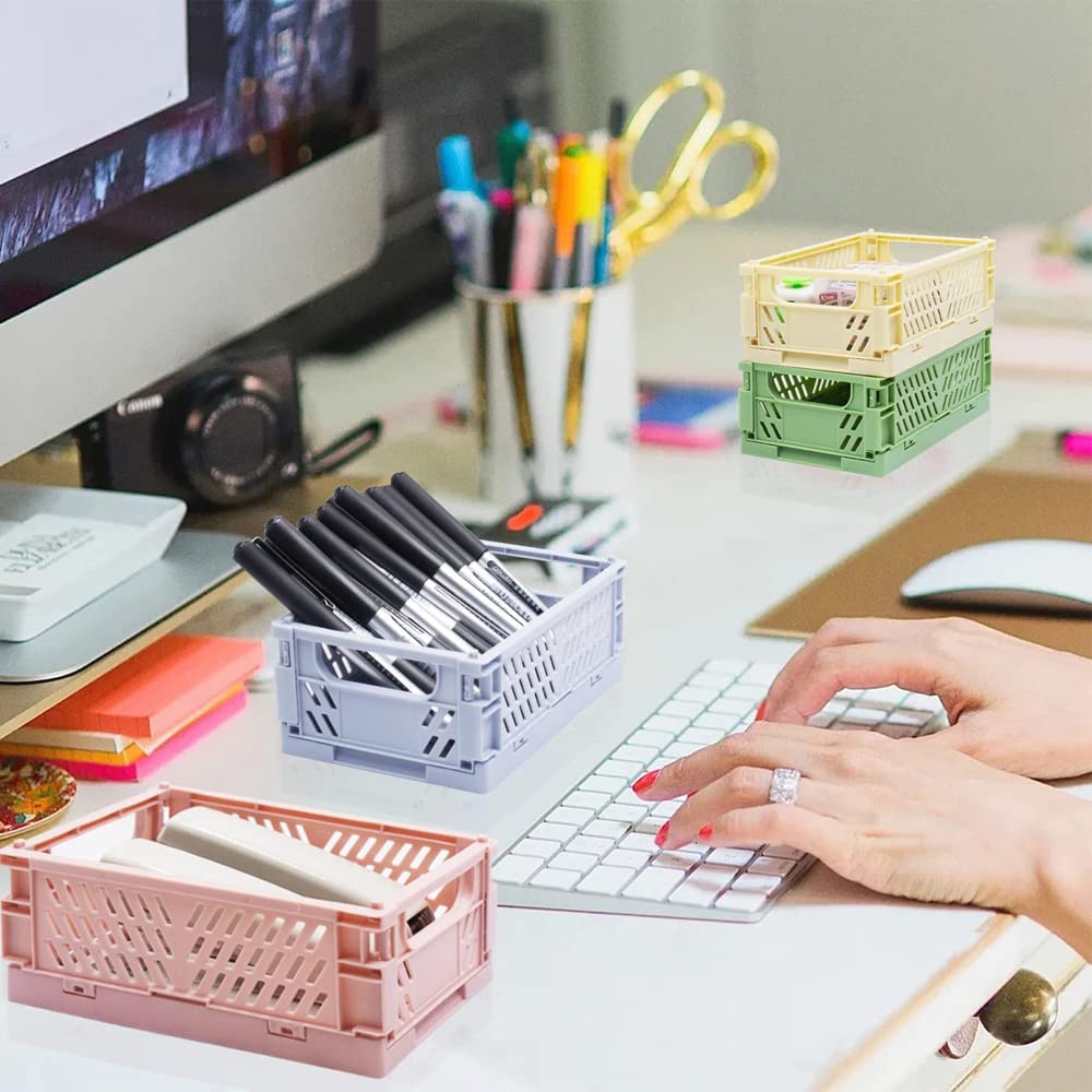 Tianlong 4pcs Mini Foldable Desk Crates Storage Box, Plastic Stackable Table Basket Organizer, Mini Storage Baskets