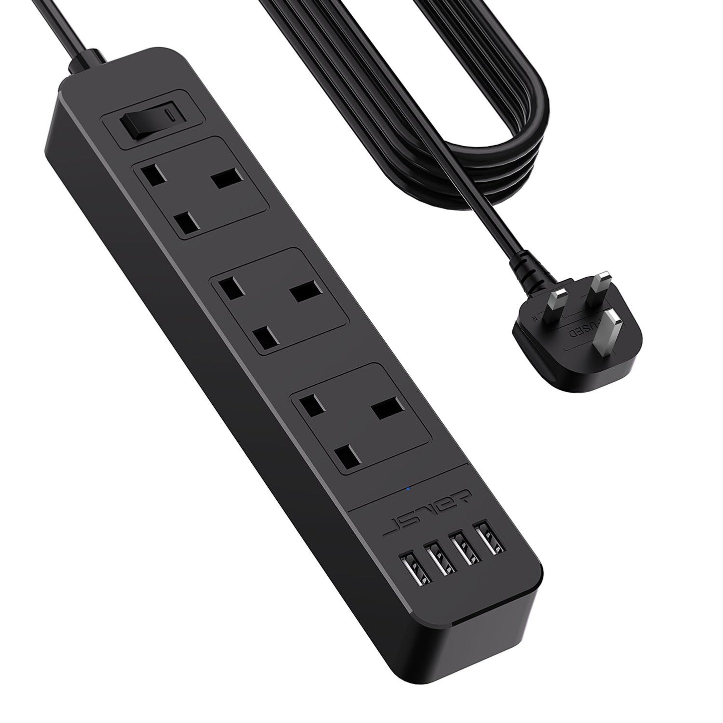 JSVER Extension Lead with USB Slots, 5M Power Strip 3250W 13A with 3Way and 4 USB Smart Charging Ports Desk Power Socket with Switch for Home