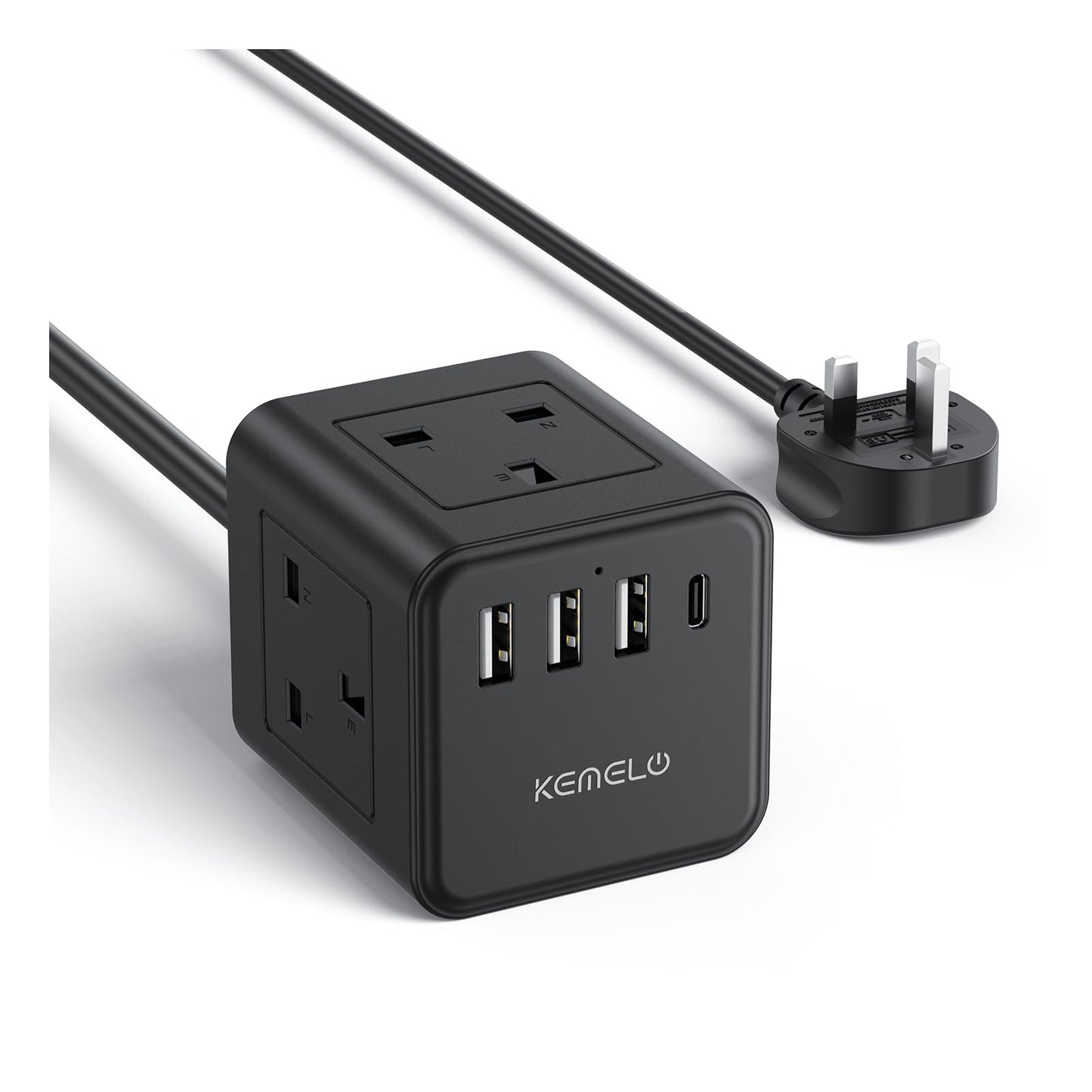 3M Cube Extension Lead with USB, Kemelo 4 Way (13A/3250W) Plug Extension Socket with 3 USB A & 1 USB C, Child Safety Extension Cord,Black Cube Power
