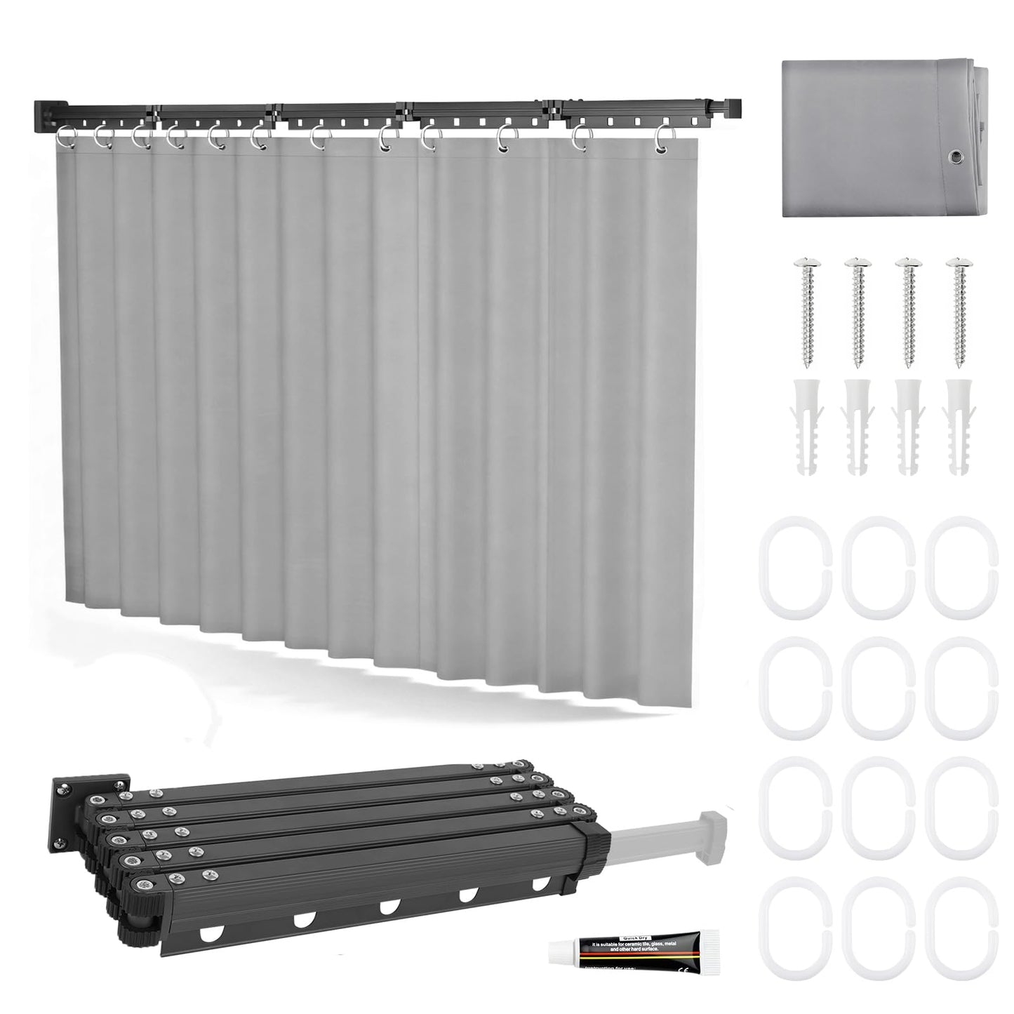 Wall Mounted Foldable Shower Curtain Rod Set, 1.8m ? 2m Waterproof Grey Shower Curtain, No-Drilling, 5-Fold Multi-Angle Folding Wall-Mounted Corner