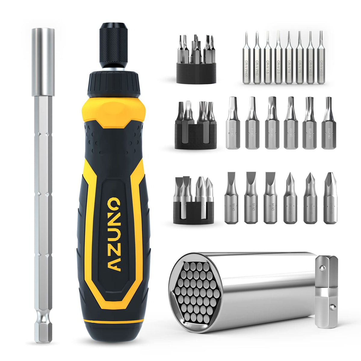 AZUNO 24 in 1 Ratcheting Multi Screwdriver Set with Universal Socket, 20 CRV Bits Stored in Handle, 12+8 Slotted/Torx/Hex/Square Sand Blasted Bits and