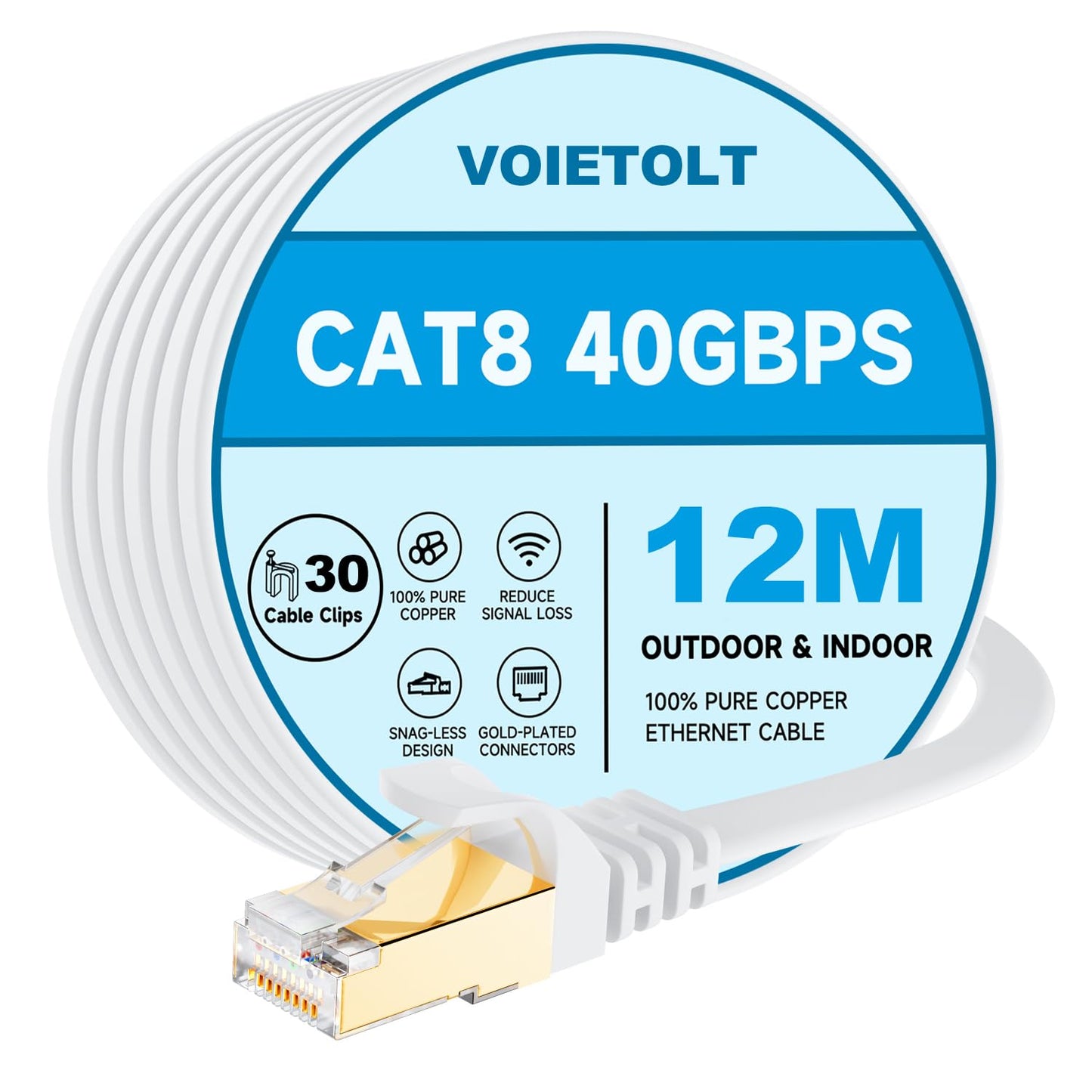 VOIETOLT Cat8 Ethernet Cable 12M, 40Gbps/2000Mhz Flat High Speed Network Cable, STP RJ45 Gigabit Cat-8 Lan Internet Cable for PS4/5, for Modem - White
