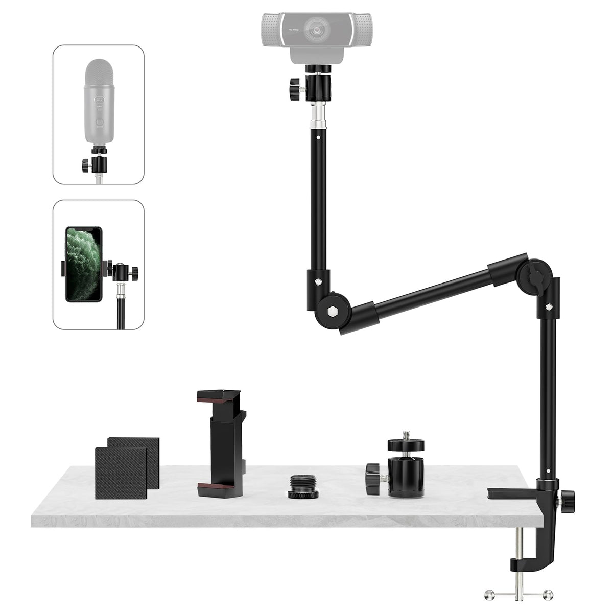 KDD Webcam Stand Camera Mount with Phone Holder & 5/8" Screw, 22in Flexible Projector Stand Gooseneck Desk Mic Stand for Logitech C922 C930e C920