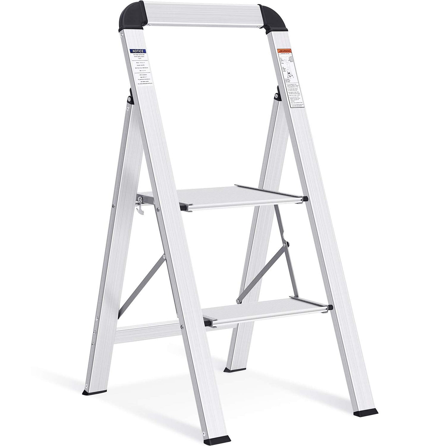 KINGRACK 2 Step Ladder with Handrail, Non-Slip Household Ladder with Folding Safety, Aluminium Folding Step Stool, Maximum Load 150 kg, Silver