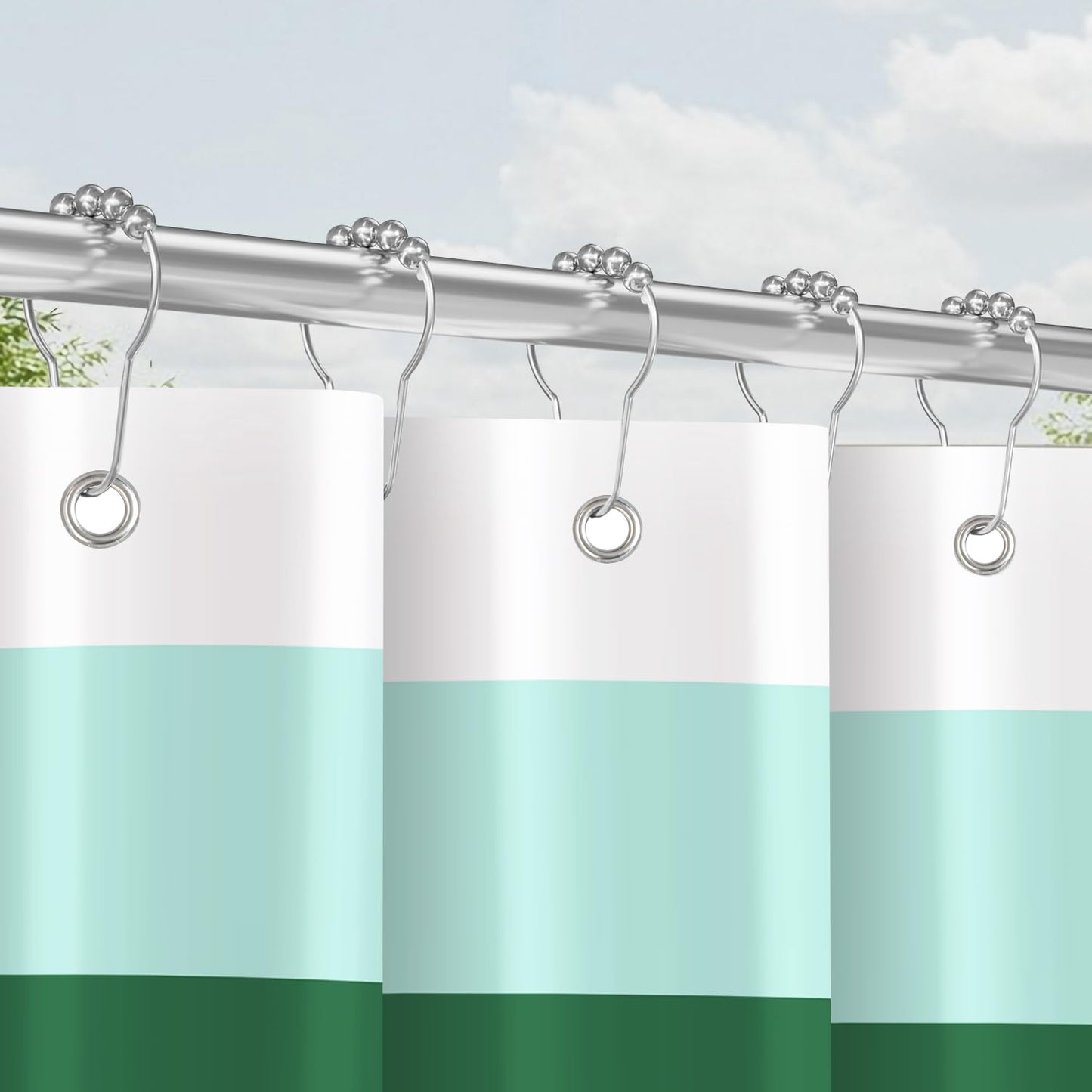 Lerores Shower Curtain with Metal Shower Curtain Rings, 180 x 200 cm, Rail, Green, Weighted Hem, Anti-Mould Textile, Water-Repellent, Washable