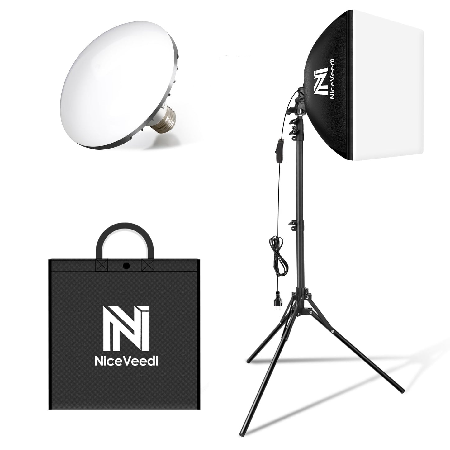 Niceveedi Photography Light Kit, 5400K Softbox Light With 160cm Tripod Stand &50W/450W Equivalent LED Bulb, Continuous Studio Lighting for Video
