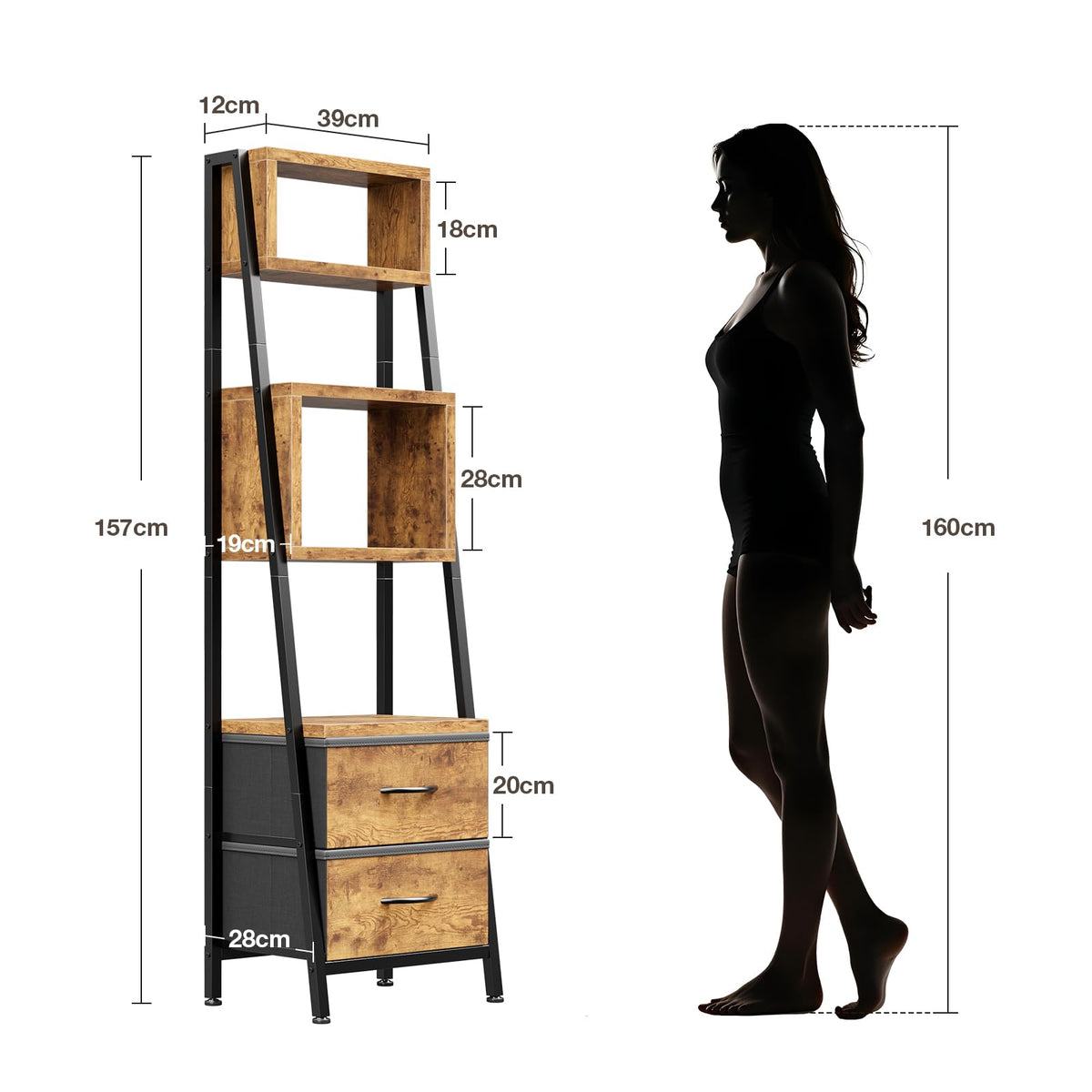 Coleshome 5-Tier Narrow Bookcase With 2 Fabric Drawers, Vintage