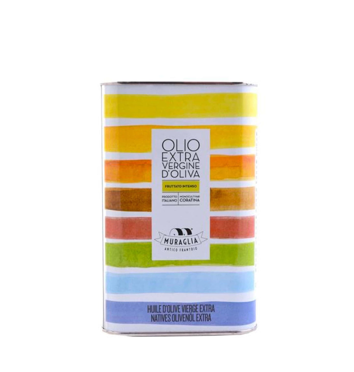 Frantoio Muraglia, Extra Virgin Olive Oil Tin 1 lt, Rainbow Coloration, Intense Fruity
