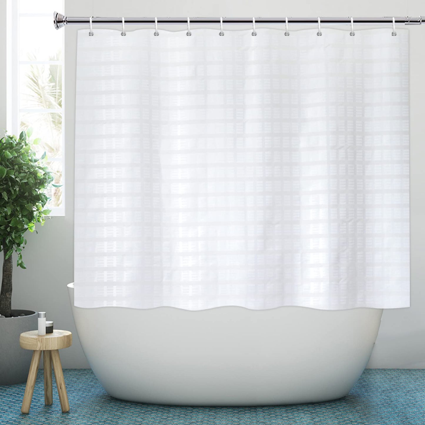 YISURE Short Shower Curtain, White Jacquard Shower Curtain for Bathroom Tub, Waterproof Fabric Shower Curtain with Plastic Hooks 71" W x59 L