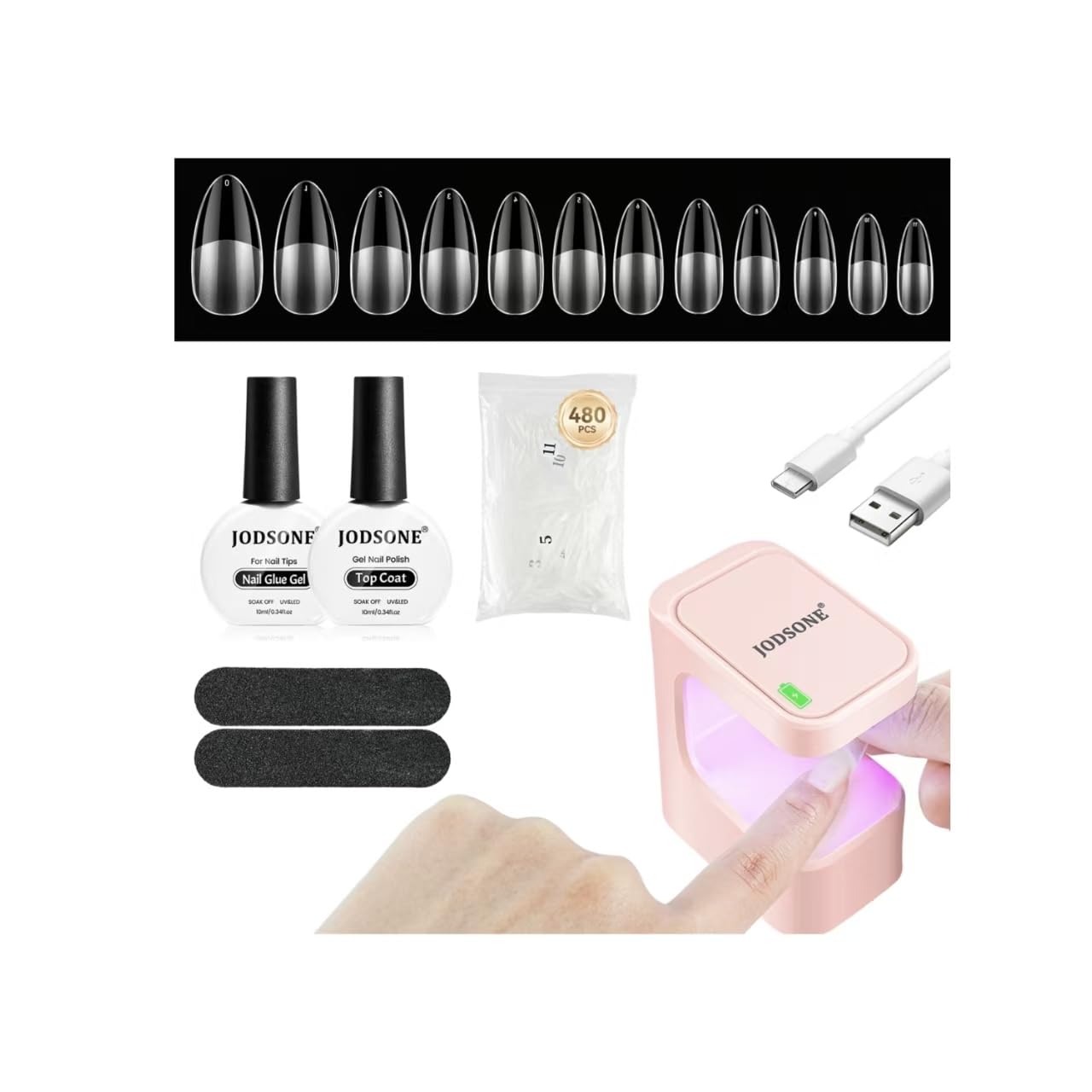 JODSONE Mini Nail Lamp KIT 480PCS Short Teardrop Shaped Nail Tips Quick-Dry Gel Nail Lamp Transparent Nail Tips Nail Glue&Top Coat Portable U V LED