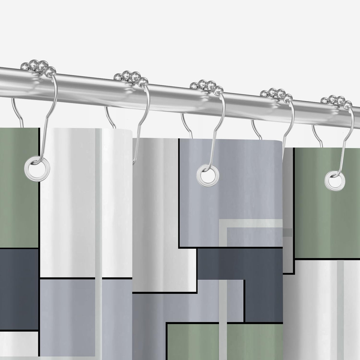 Lerores Shower Curtain 180 x 200 cm Squares Sage Green, Weighted Hem, Anti-Mould, Water-Repellent, Washable Polyester Bath Curtains with 12 Eyelets