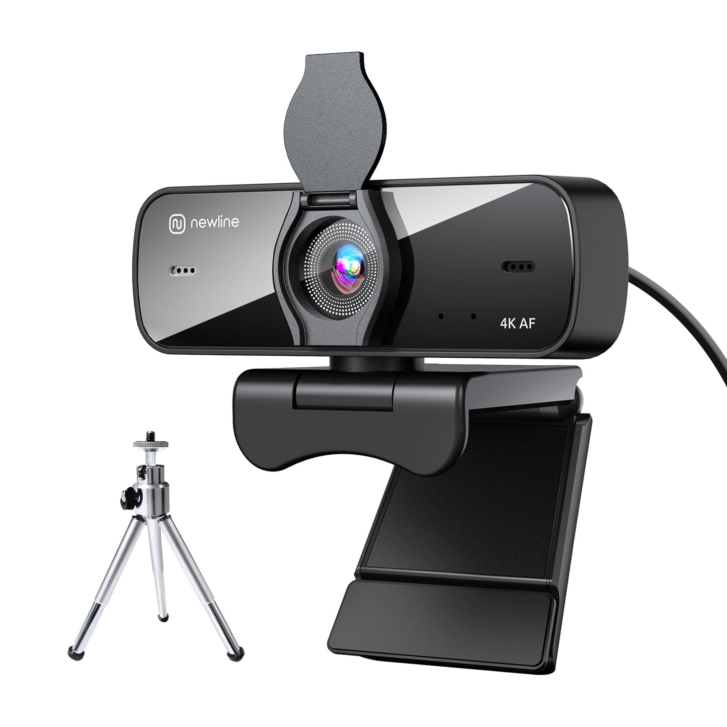 N newline 4K Webcam for PC, 30fps, Dual Stereo Microphones, Noise Cancellation, Auto Light Correction, Privacy Cover & Metal Tripod, USB HD Computer
