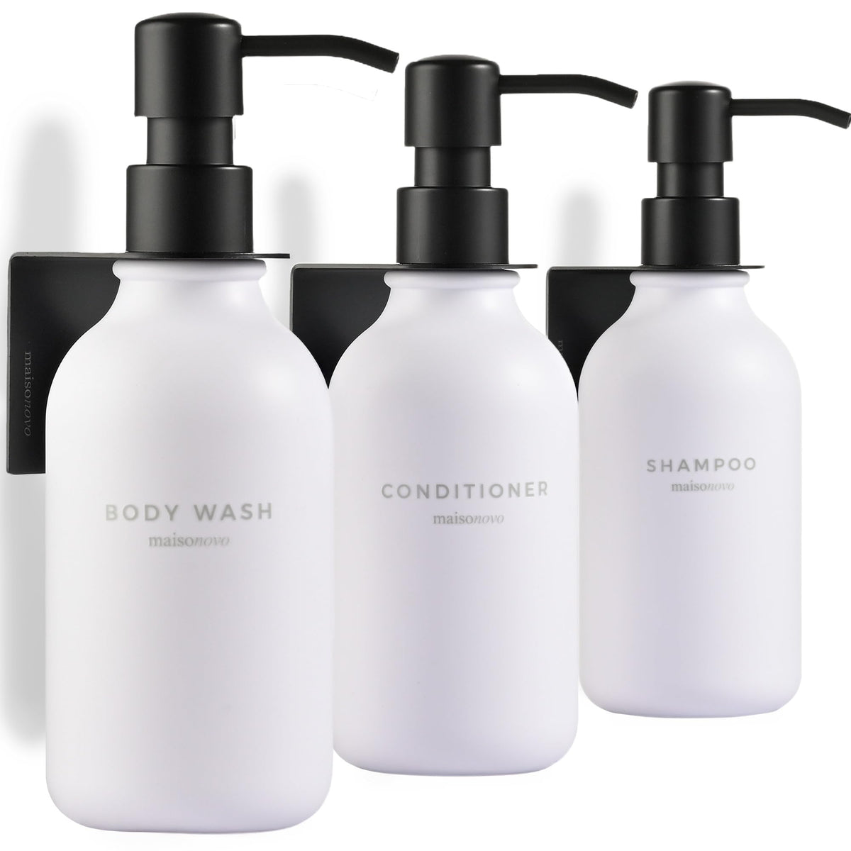 MaisoNovo Shampoo and Conditioner Dispenser - Shower Soap Dispenser Wall Mounted - 500 ml Set of 3 White Plastic Bottles Black Pump - 3 Chamber No