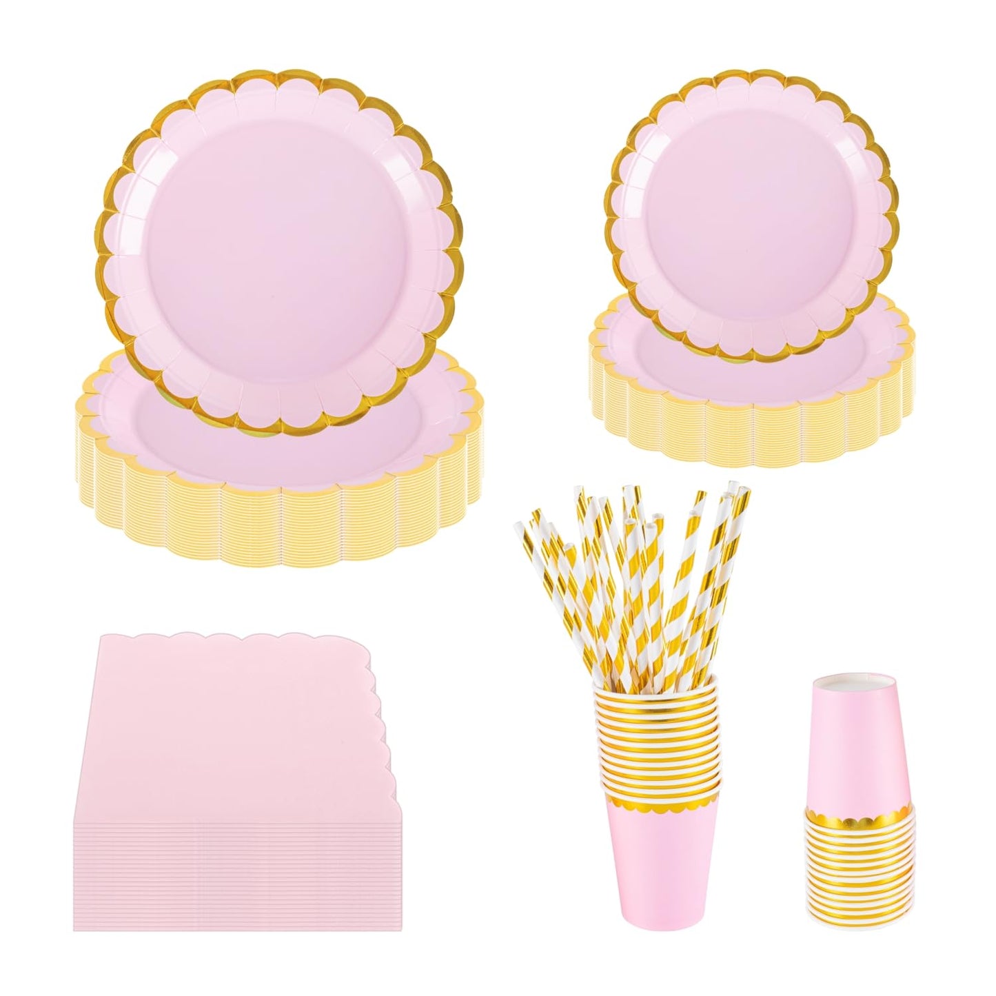 PHUNAT 25-Guests Pink Party Tableware Set - 125PCS Foil Gold Flower Shaped Paper Plates, Cups, Napkins & Straws - Pink Party Supplies for Birthday,