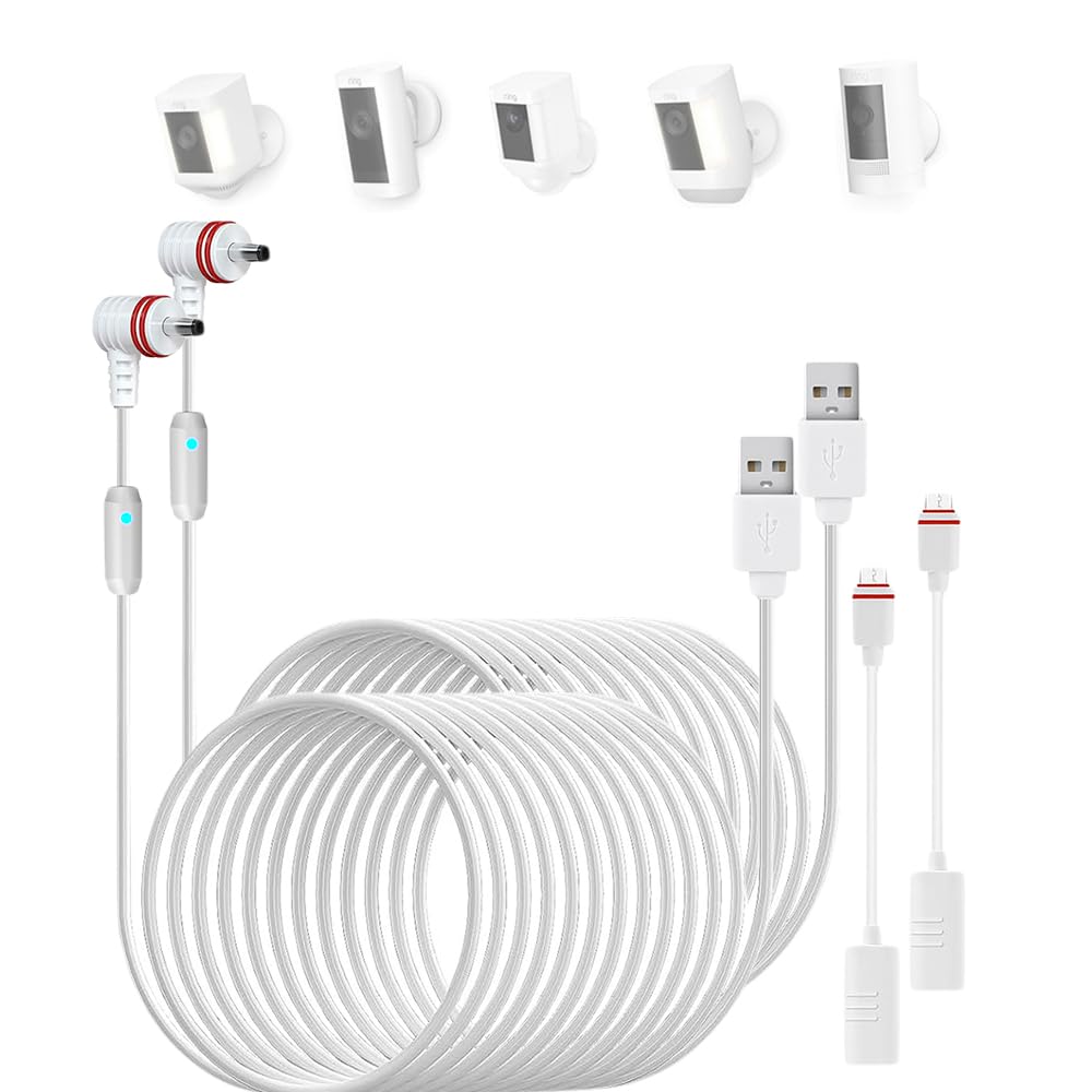 2Pack 24.9ft/7.6m USB power charging cable with Type-C Adapter Cable and LED alert light, Compatible with Ring Camera (Spotlight Cam, Stick Up