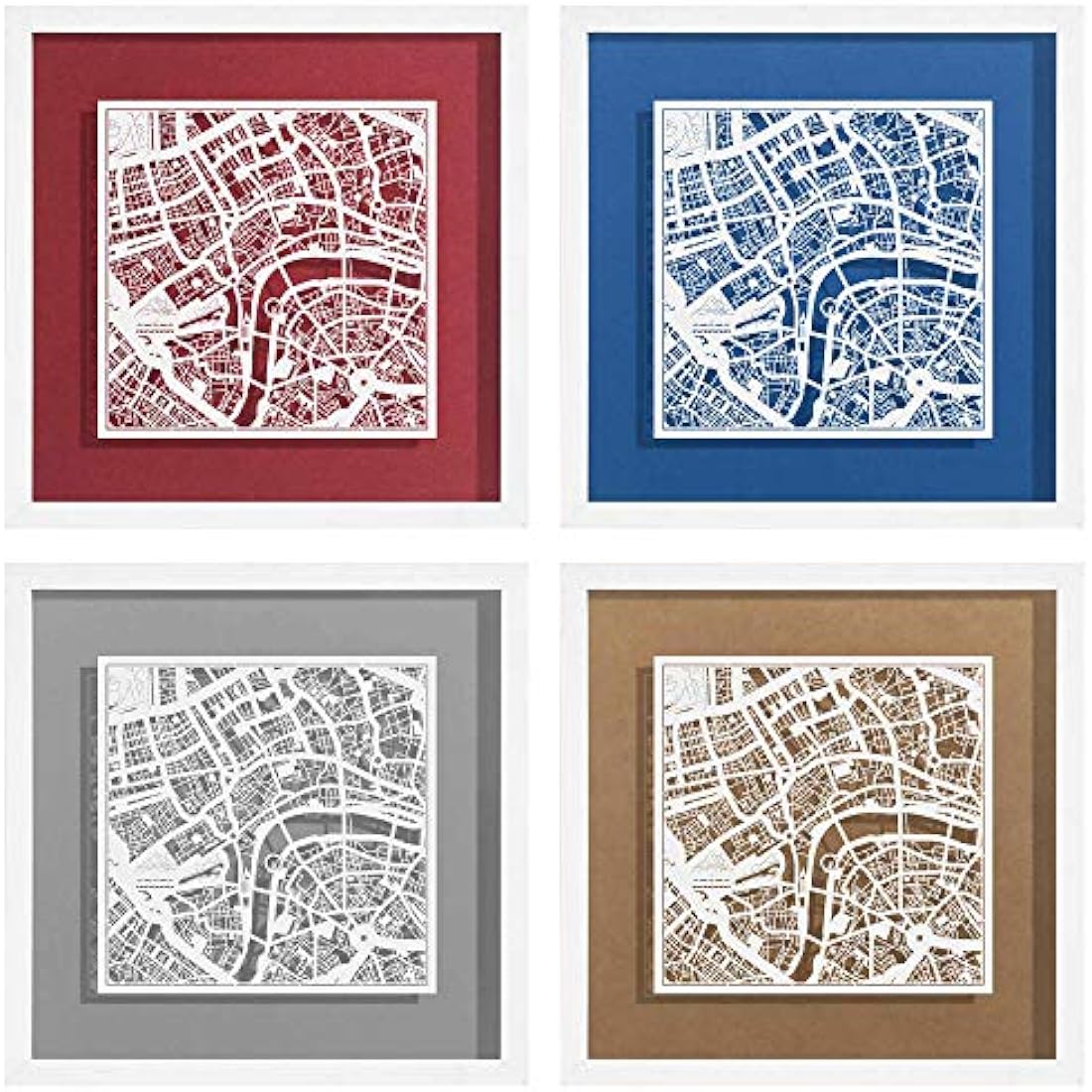 O3 DESIGN STUDIO London Paper Cut Map framed, White map, White frame, 9x9 inches, Gift Boxed, 4 background color, self-changing, Paper Art