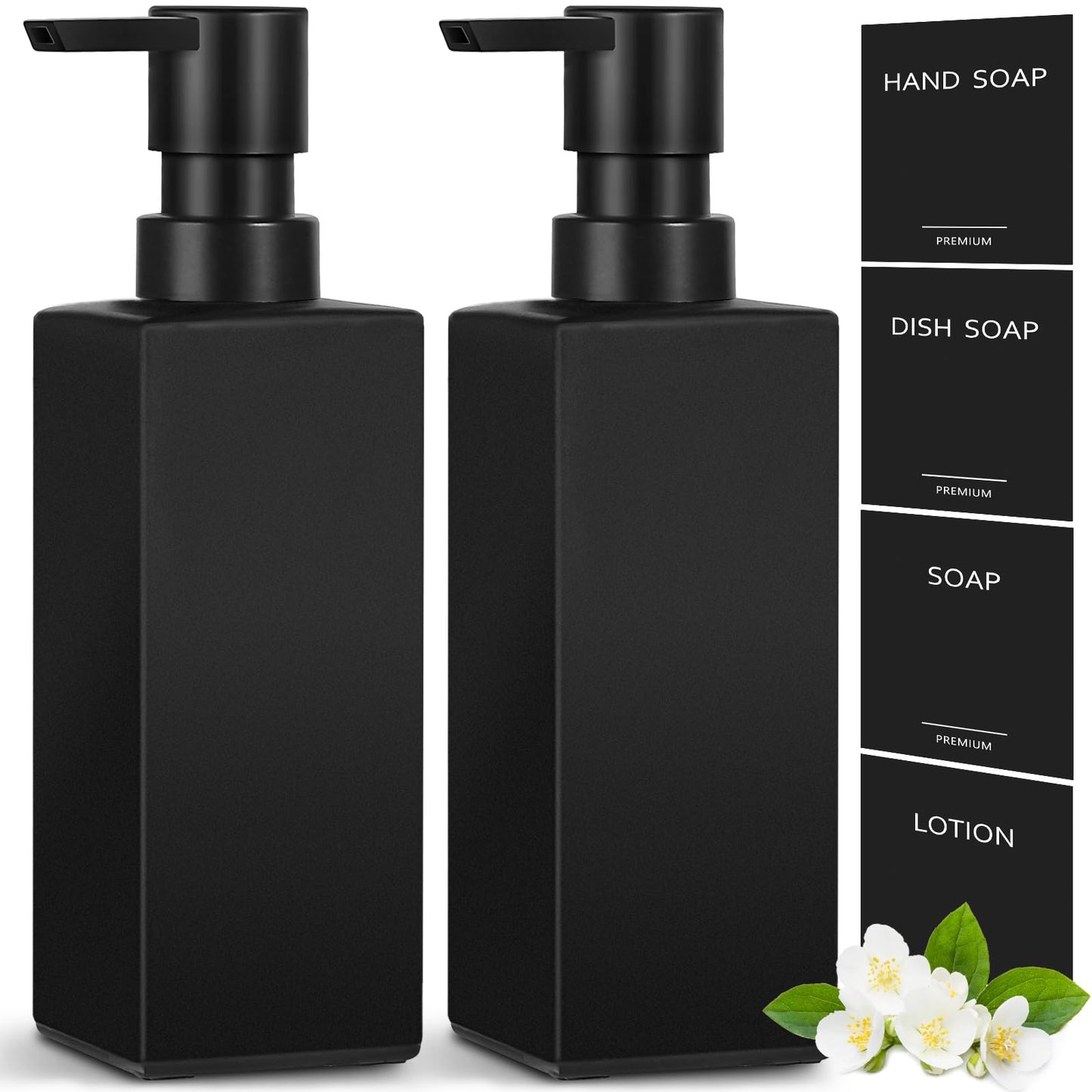 GMISUN Hand Soap Dispenser, 2 Pcs Black Glass Soap Dispensers for Bathroom, 12 Fl oz Dish Soap Dispenser Set for Kitchen, Refillable Washing up Liquid