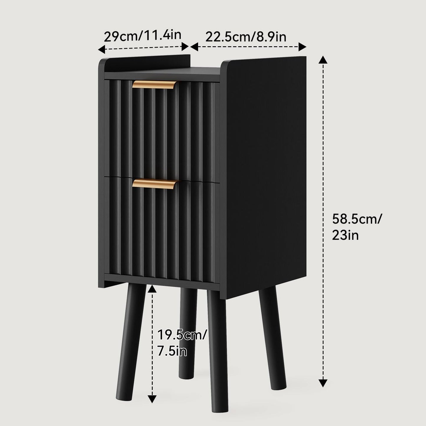 IBUYKE 22.5CM Slim Bedside Table with 2 Drawer,Black WNS015B