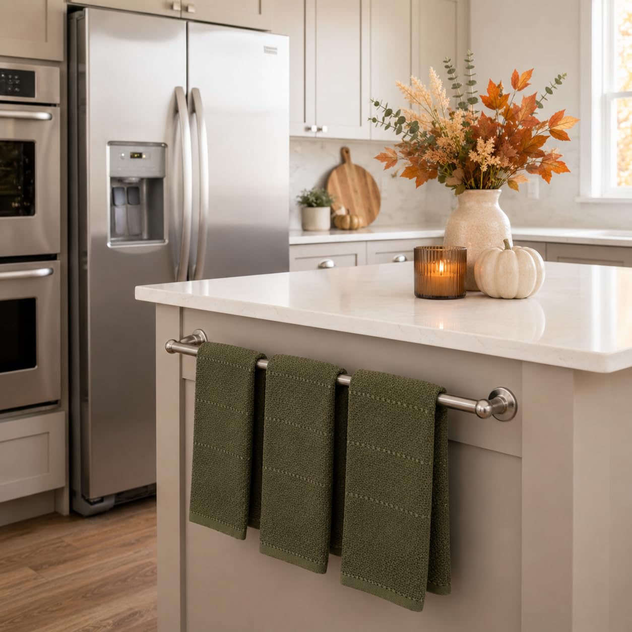 Olive Green Kitchen Hand Dish Towels: Oversized 28" x 18",100% Cotton Cloth Soft Cleaning Drying Absorbent Ribbed Design