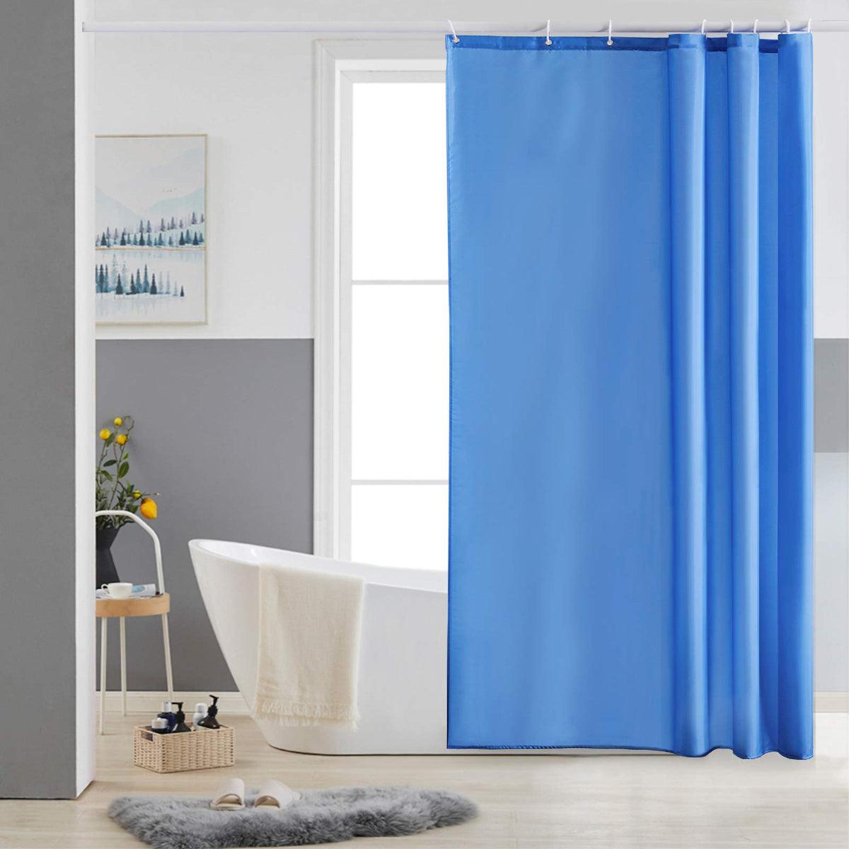 Furlinic Shower Curtain Mould Proof Water Resistant Washable Polyester Fabric Blue Bath Curtains with Weight Tape 8 Hooks for Wetroom 47x72 Inch
