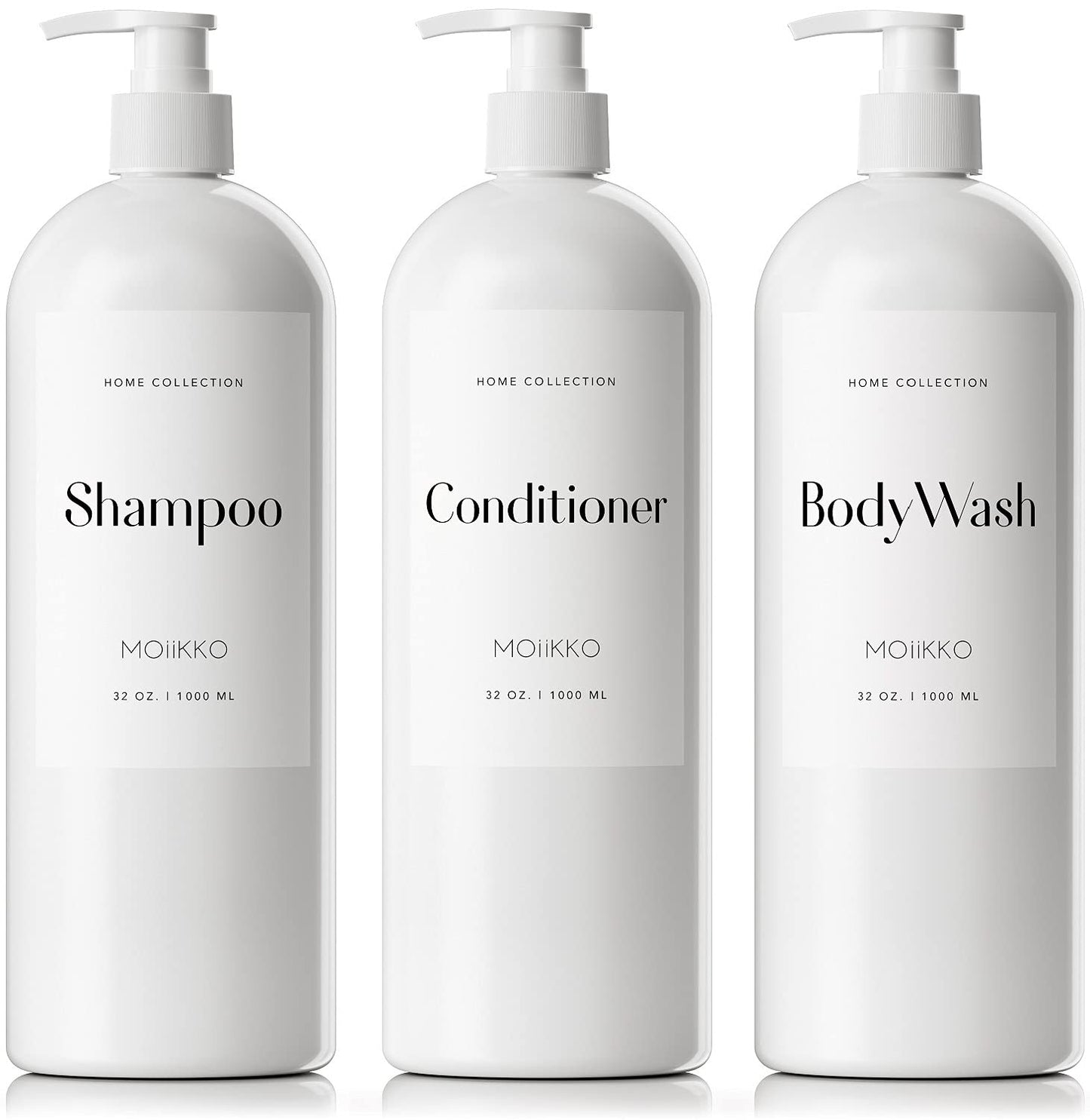 MOIIKKO 32oz Refillable Shampoo and Conditioner Dispenser Bottles - Set of 3 Empty Shampoo Conditioner Body Wash Dispenser with 8 Waterproof Labels