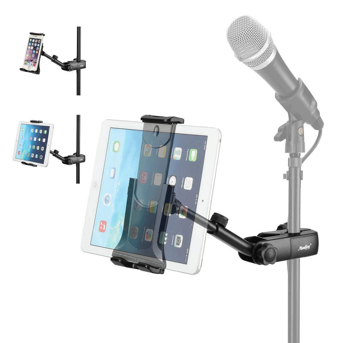 Moukey Adjustable Tablet Holder for Microphone Stands, Mic Stand Clamp Mount Bracket for Smartphones, 90?Flexible Tablet Stand Mmsph-1