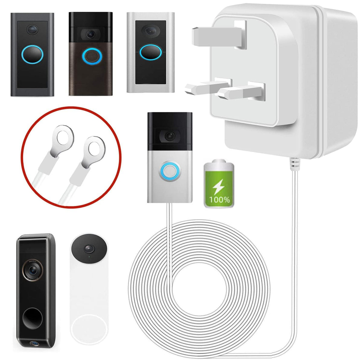 Xzgm Video Doorbell Power Adapter, 24V 500MA Doorbell Transformer,for Most Versions of Ring Doorbell and Thermostat (10M extension cable White)