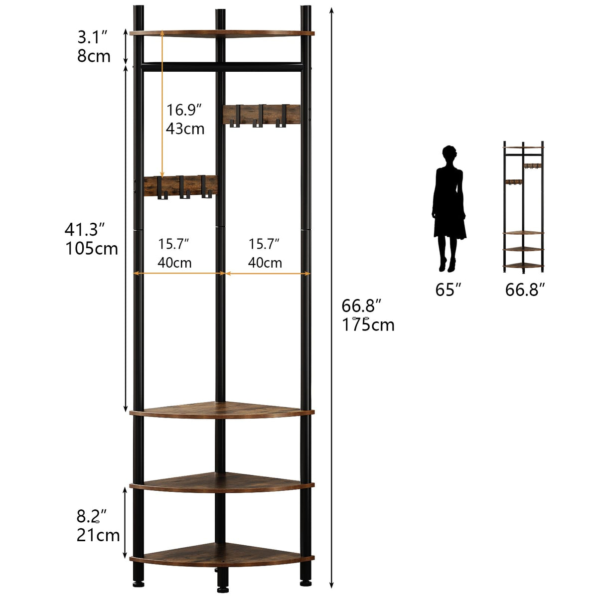 VEDECASA Corner Hall Tree Coat Rack with 4-Tier Shelves & Shoe Bench – Freestanding Corner Entryway Storage with 6 Movable Hooks