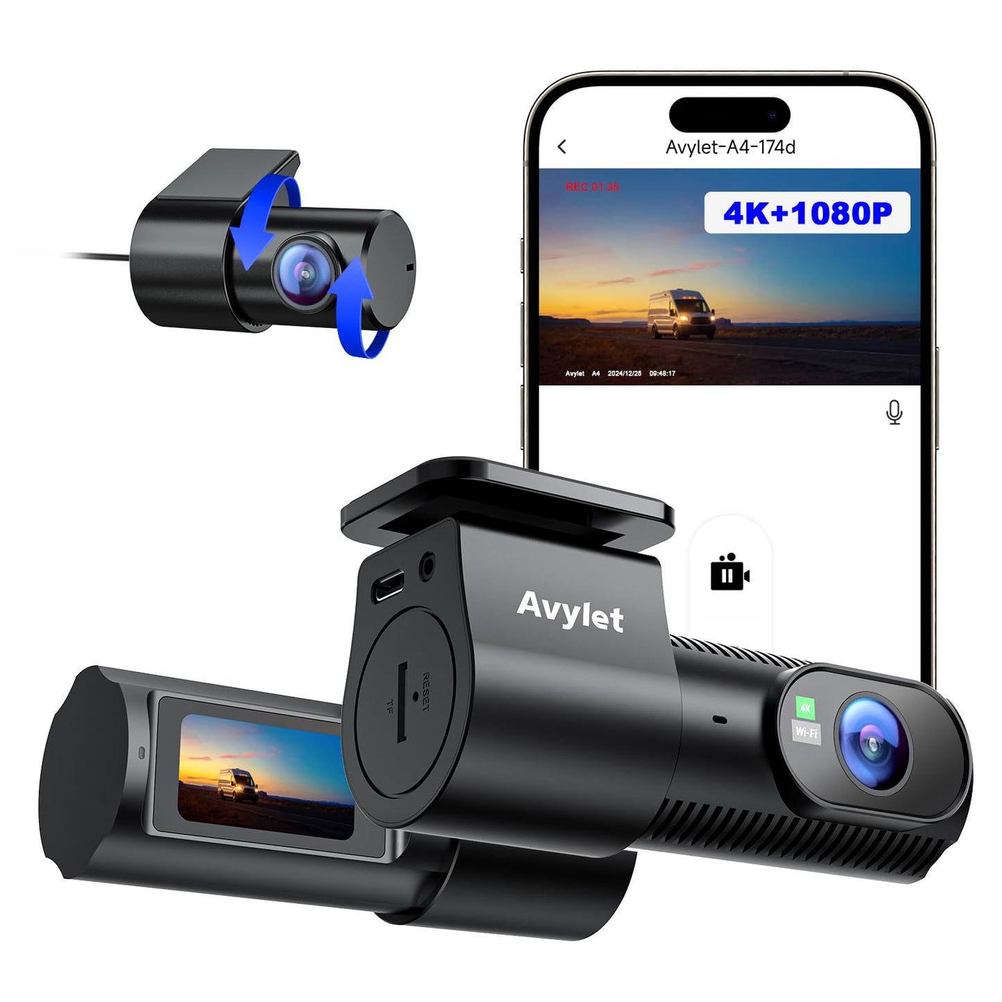 Avylet Dash Cam Front and Rear, 4K/1080P Built-in 5G WiFi APP Dash Camera for Cars, External GPS Module, 1.5? IPS Screen, Dual Dash Cam with Night