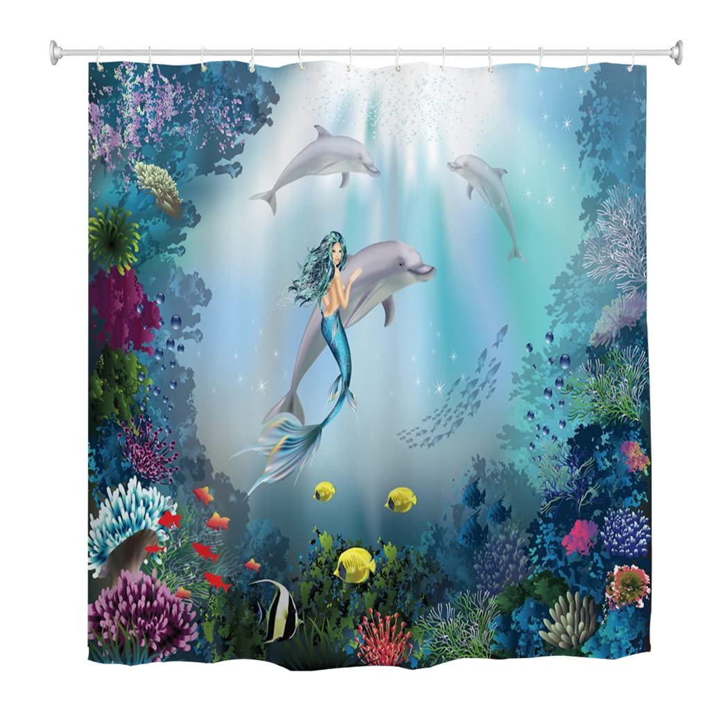 goodbath Dolphins Shower Curtain, Mermaid Shower Curtain Mould Mildew Resistant Fabric Bath Curtains for Bathroom Bathtub, 180 x 180 cm,