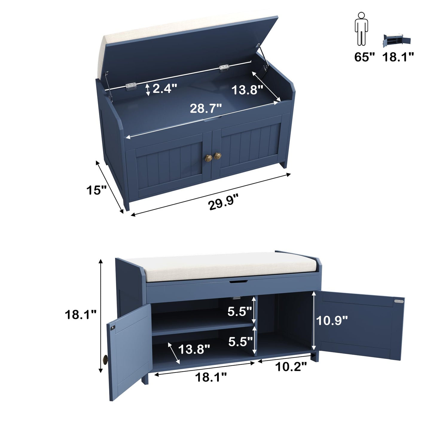 HOME BI Shoe Bench, Storage Bench with Padded Seat Cushion, Shoe Cabinet for for Entry, Bedroom, Cloakroom, Living Room and Hallway,Blue