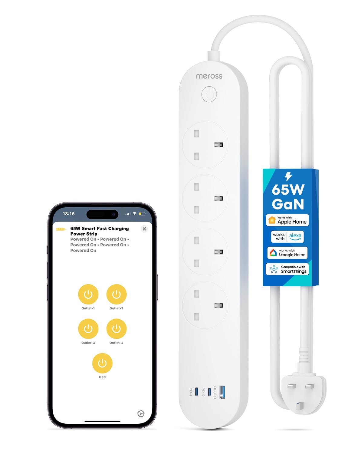 Meross Smart Power Strip, 65W GaN Fast Charger, 4 Outlet + 2 USB C + 1 USB A, WiFi Plug with 2 PD Ports, Support Apple HomeKit, Alexa, Google Home and