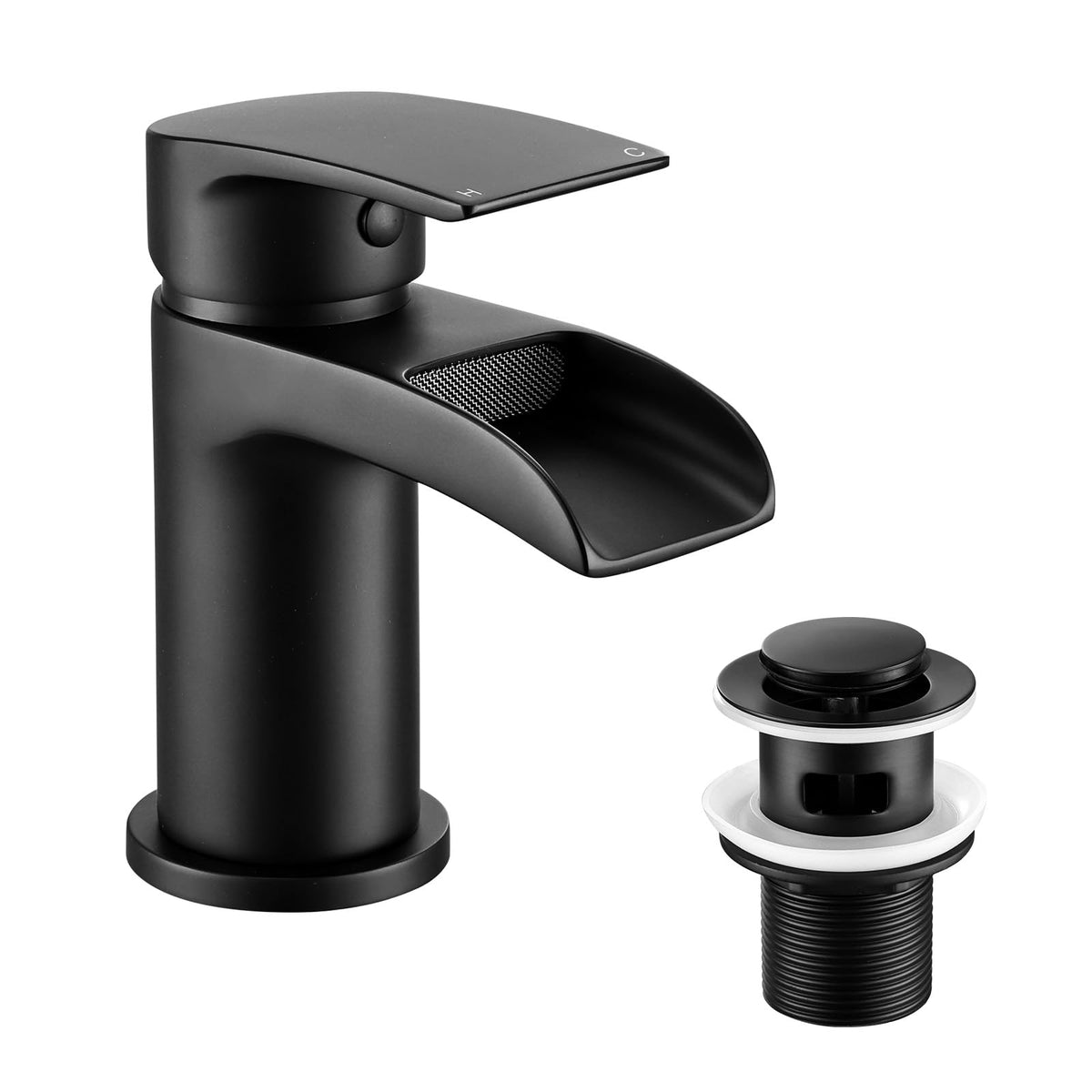 Peppermint Black Bathroom Taps with Pop Up Waste, Basin Taps Mixers Waterfall Bathroom Sink Tap with Basin Waste, Modern Single Handle Watefall Tap