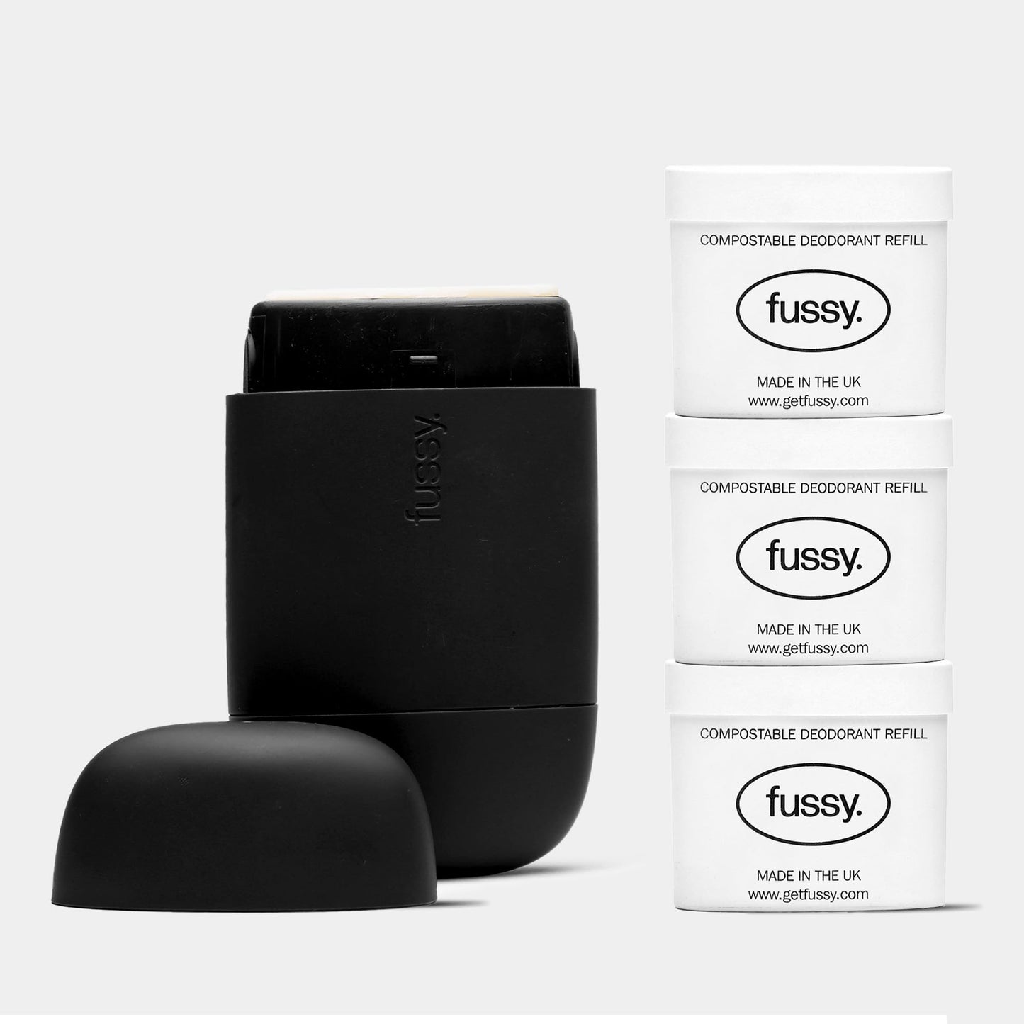 Fussy - Mens Natural Refillable Deodorant - Aluminium Free - 24 Hour Protection - Midnight Black Case & Variety Refill Pack (3 x 40g) - Wilderness,