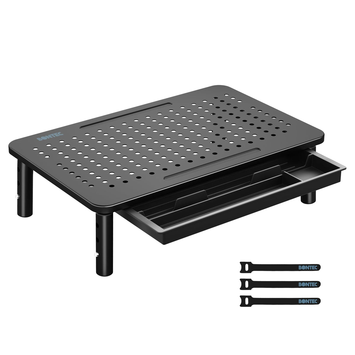 BONTEC Monitor Stand with Drawer, 3 Height Adjustable Monitor Riser for Desk, Mesh Platform for Laptop, Computer, iMac, Printer up to 20KG, Desk