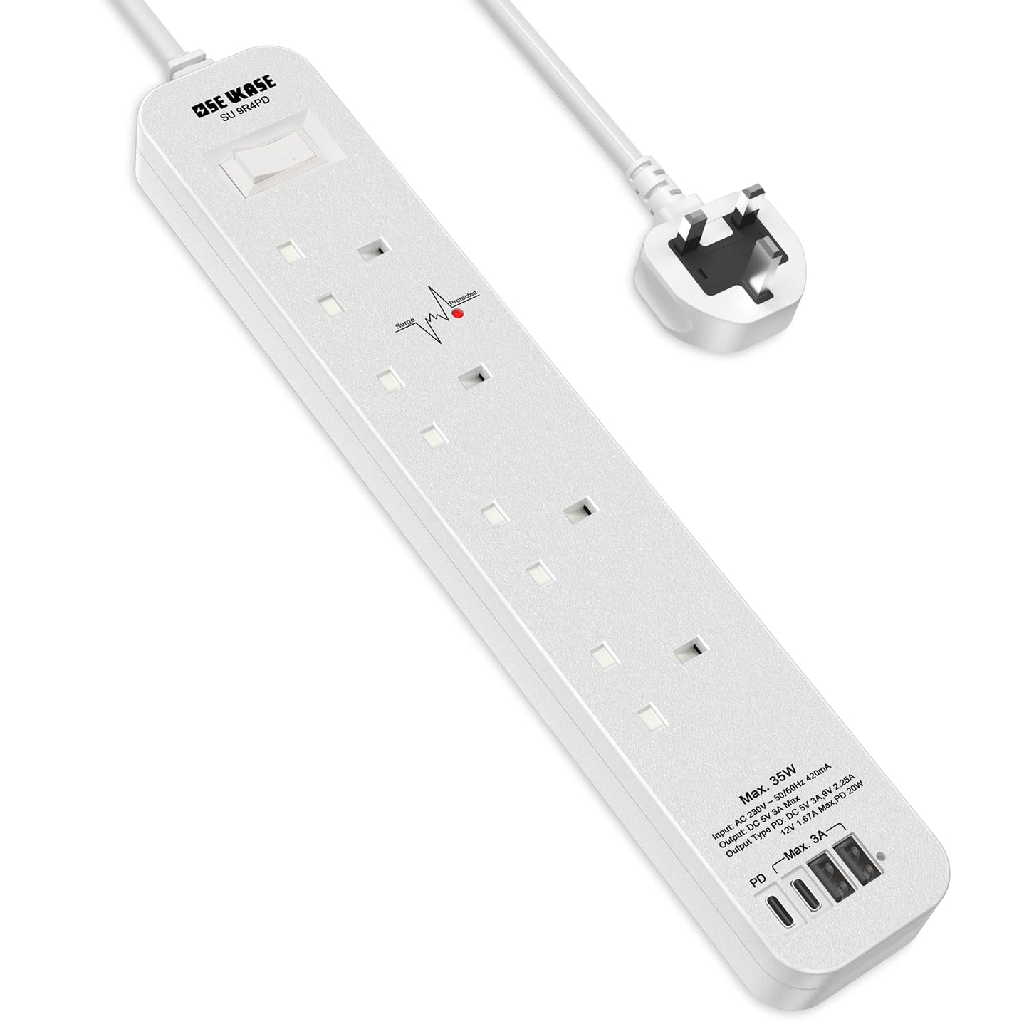 SE UKASE Extension Lead with USB C PD 20W, 4 Way Socket 1200 Surge Protection with 2M /6.56FT Long Extension Cord Multi Plug 2990W Safety Shutter for