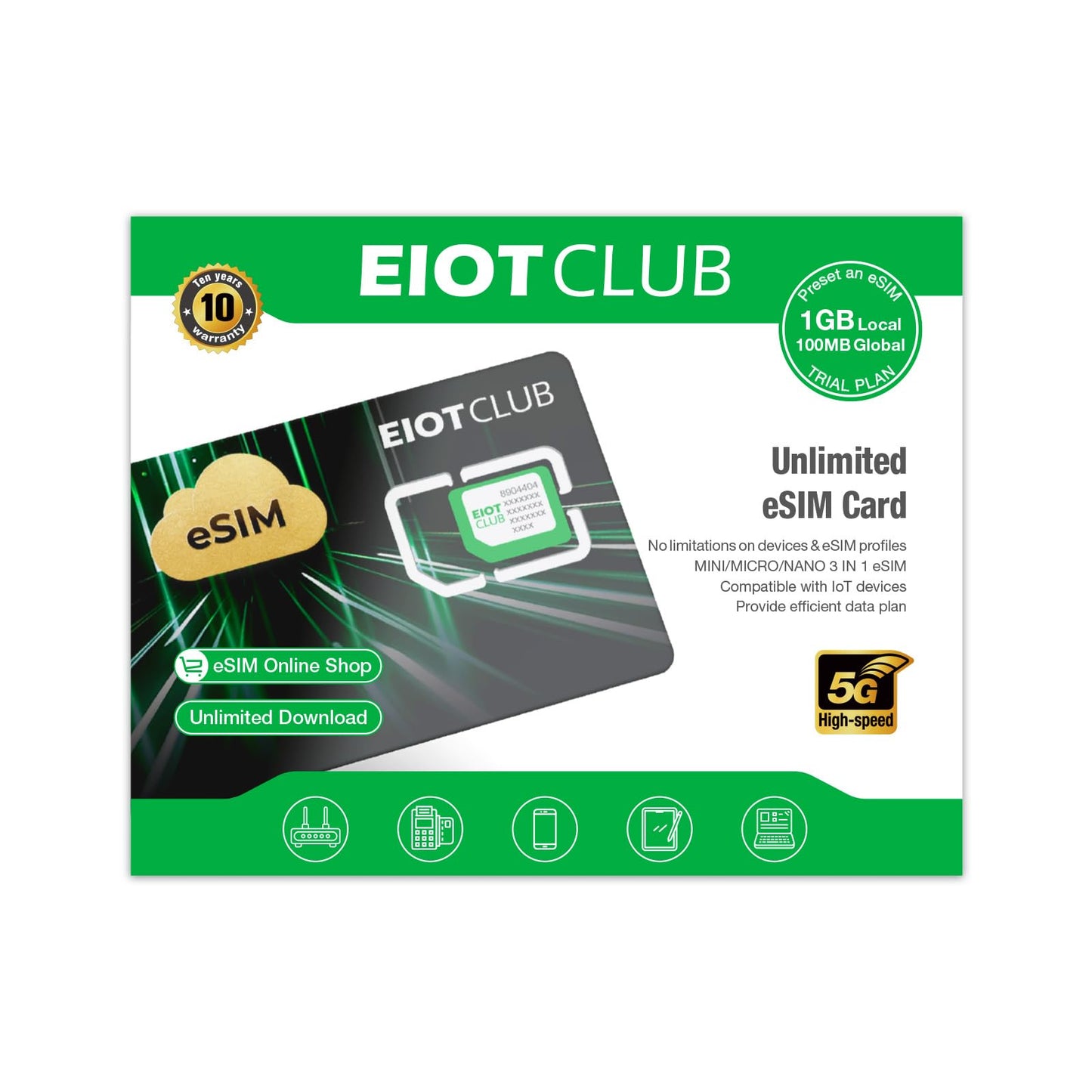 EIOTCLUB eSIM Card, Unlimited eSIM Downloads, travel esim card for USA, Asia over 200 coutries Worldwide, Free Data Roaming (Physical eSIM card)