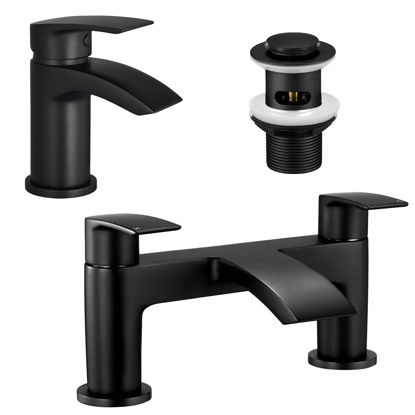 Peppermint Bath and Basin Mixer Taps Set with Pop up Slotted Basin Waste Matte Black Waterfall Bathroom Sink Tap & Bathtub Filler Tap Tub Faucet