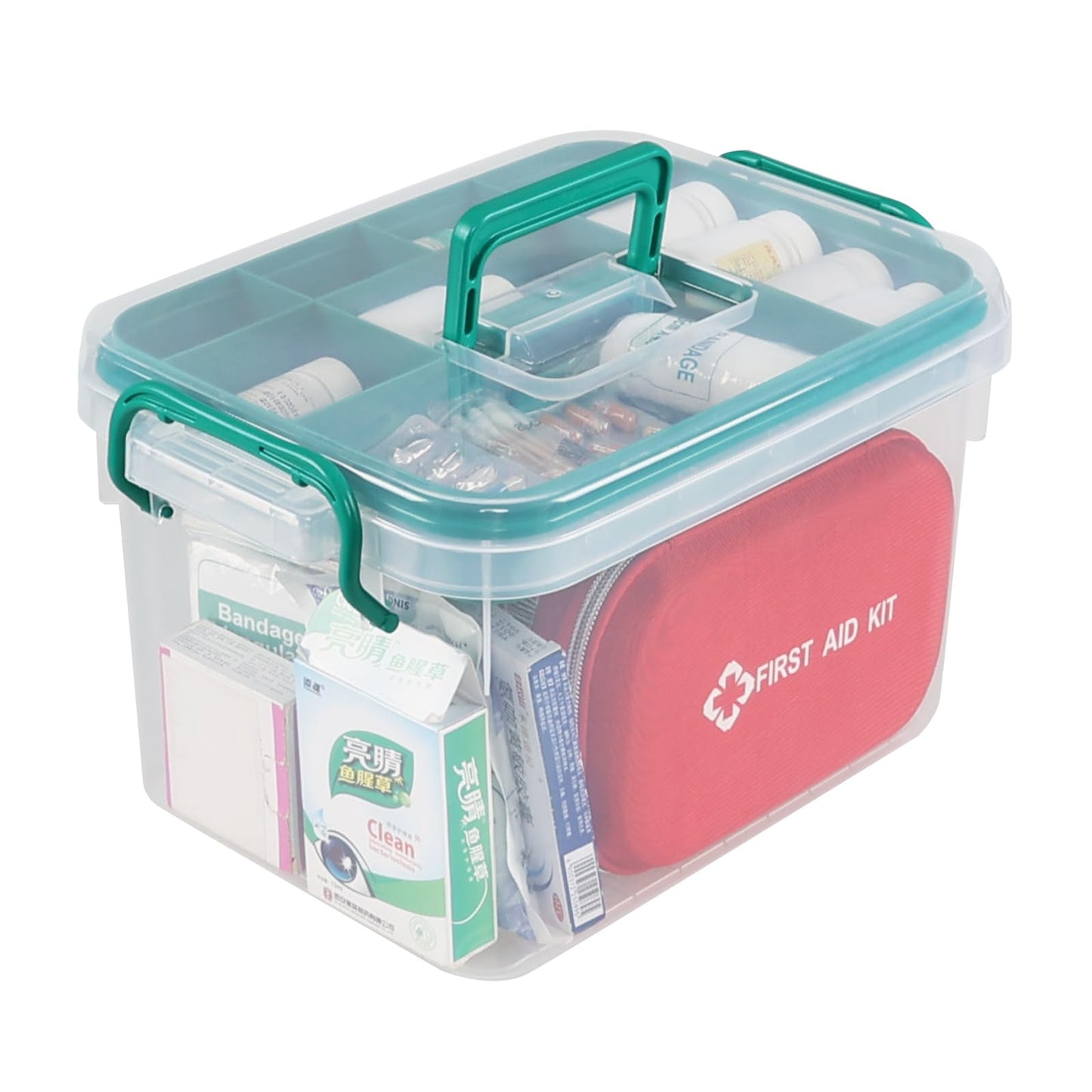 Waikhomes Plastic First Aid Box, Medicine Storage Box with Insert, Protable Handle Household Medicine Container Box, Transparent