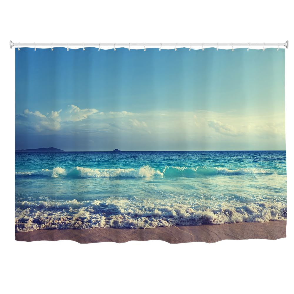 goodbath Extra Wide Shower Curtain 300 x 180 cm,Ocean Beach Sea Waves Blue Sky Waterproof Mould proof Fabric Weighted Shower Curtains for Bathroom Wet