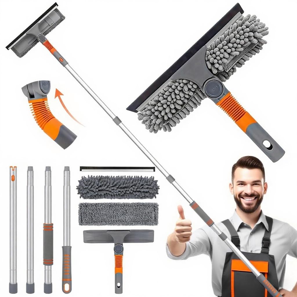 Bingobang 1.62M Window Squeegee Cleaner Kit with Telescopic Pole, 2-in-1 Long Extendable Window Cleaning Equipment with Interchangeable Cleaning